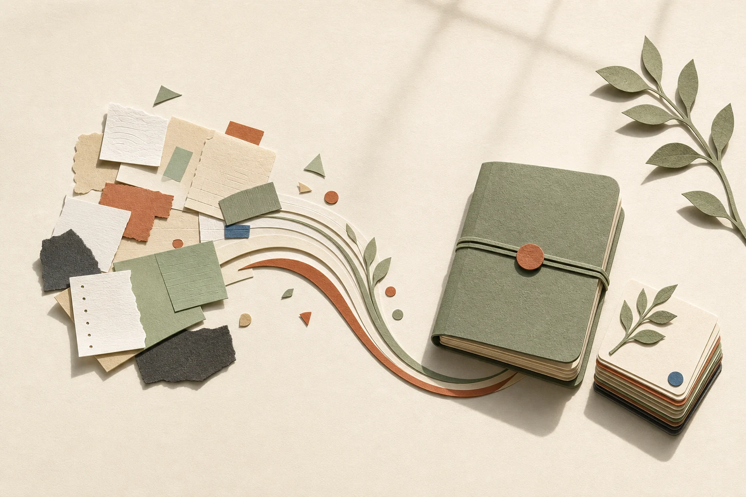 Scattered study fragments becoming a lasting notebook and memory deck